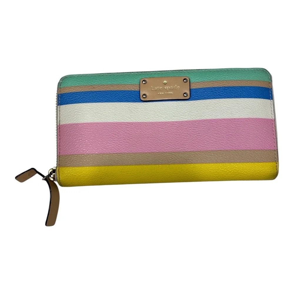 Kate Spade Neda Grove St. Dune Stripe Leather Zip Around Accordion Wallet-Stains